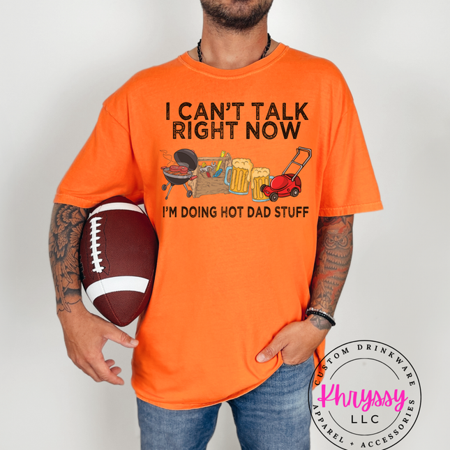 Grill, toolbox, beer mugs, and mower with “Doing Hot Dad Stuff” slogan