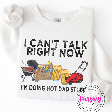 Grill, toolbox, beer mugs, and mower with “Doing Hot Dad Stuff” slogan