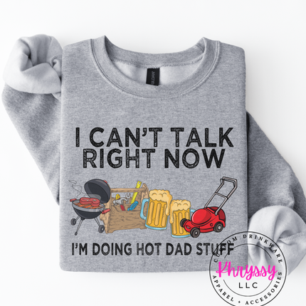 Grill, toolbox, beer mugs, and mower with “Doing Hot Dad Stuff” slogan