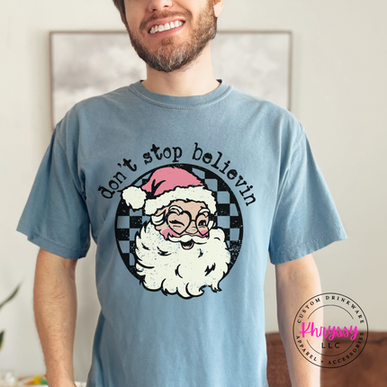Don't Stop Believin' Santa Shirt, Retro Santa Christmas Tee