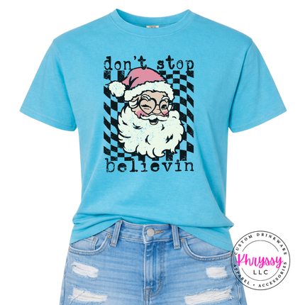 Don't Stop Believin' Santa Shirt, Retro Santa Christmas Tee