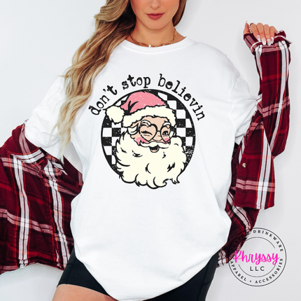 Don't Stop Believin' Santa Shirt, Retro Santa Christmas Tee