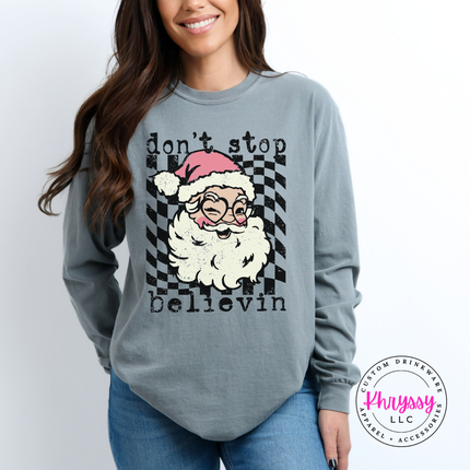 Gray long sleeve tee showing a retro Santa with typewriter lettering.