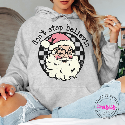 Ash hoodie featuring a winking Santa over a checkered circle.