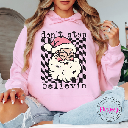 Light Pink hoodie showing a retro Santa with typewriter lettering.