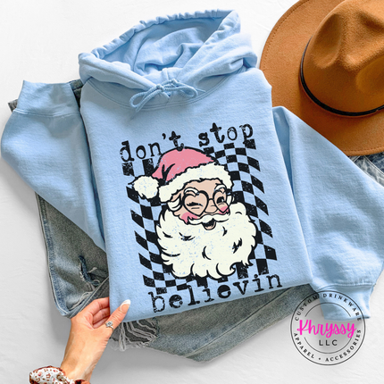 Close up of the retro believing Santa art on a Light Blue hoodie.