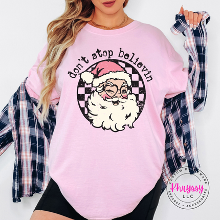 Don't Stop Believin' Santa Shirt, Retro Santa Christmas Tee
