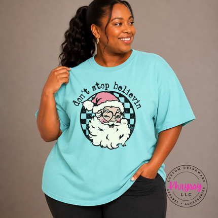 Don't Stop Believin' retro Santa Christmas tee in Chalky Mint