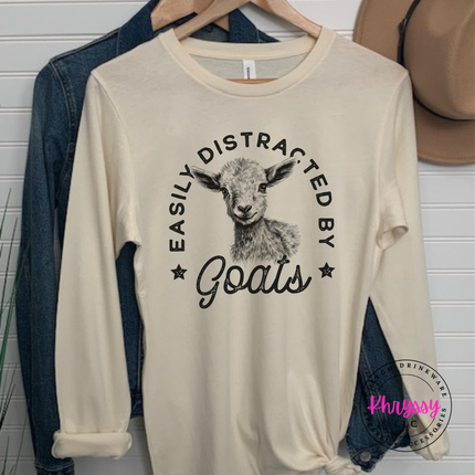 Easily Distracted by Goats Funny Farm Long Sleeve Tee