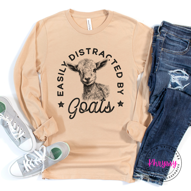Easily Distracted by Goats Funny Farm Long Sleeve Tee