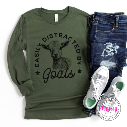 Easily Distracted by Goats Funny Farm Long Sleeve Tee