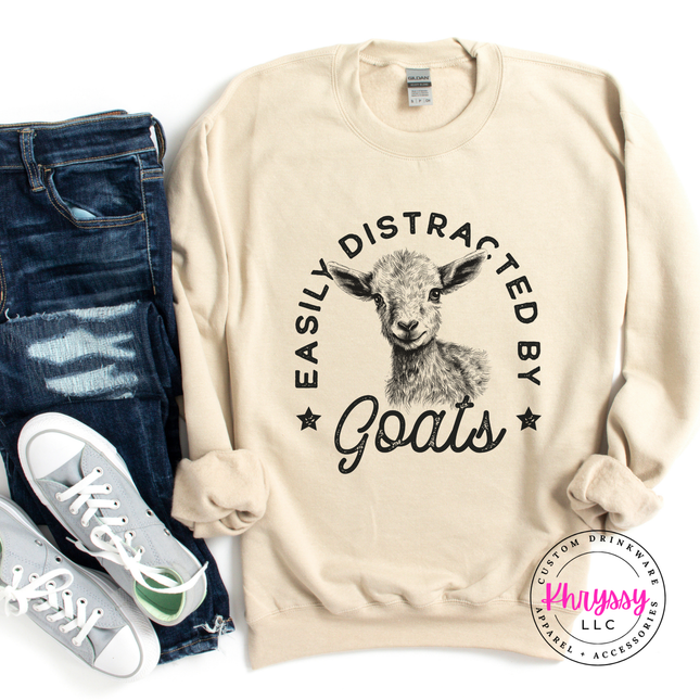 Easily Distracted by Goats Funny Farm Crewneck Sweatshirt