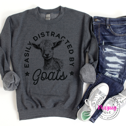 Easily Distracted by Goats Funny Farm Crewneck Sweatshirt