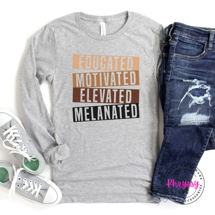 Athletic Heather Bella Canvas long sleeve with bold stacked bar Educated Motivated Elevated Melanated print.