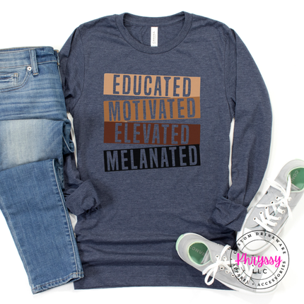 heather navy Bella Canvas long sleeve printed with bold gold brown and black Educated Motivated Elevated Melanated design.