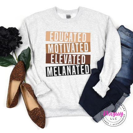 Ash Grey Gildan crewneck with bold stacked bar Educated Motivated Elevated Melanated print.