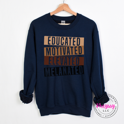 Navy Gildan crewneck showing bold stacked bar Educated Motivated Elevated Melanated typography.