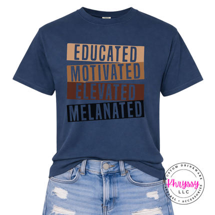 True Navy Comfort Colors tee with bold gold brown black stacked bar Educated Motivated Elevated Melanated statement.