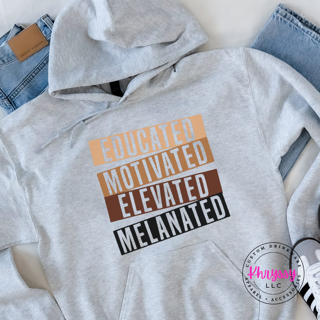 Ash Gildan hoodie with bold stacked bar Educated Motivated Elevated Melanated print.