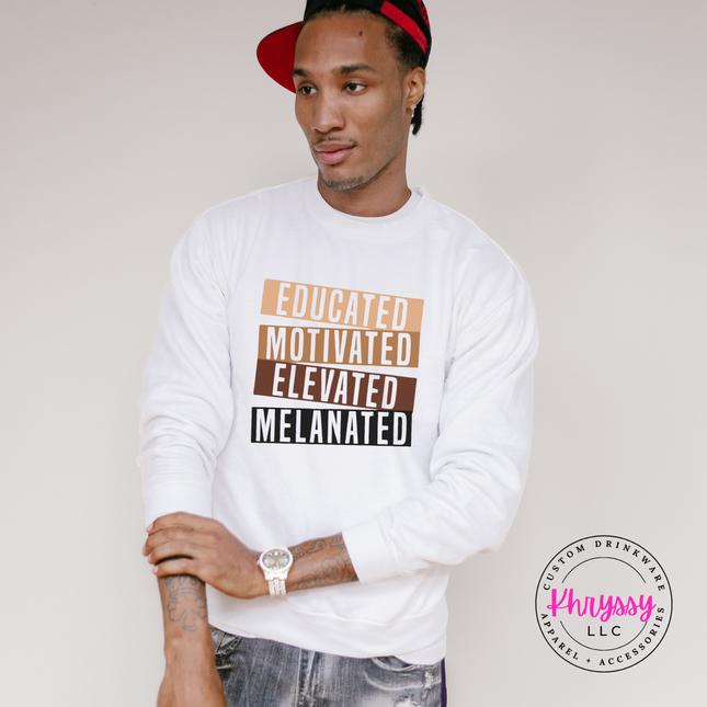 White heavyweight hoodie with bold gold brown black stacked bar Educated Motivated Elevated Melanated statement.