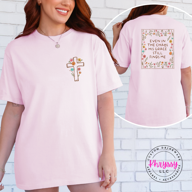 Light pink tee with a delicate floral cross on the left chest