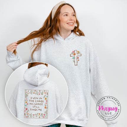ash hoodie with a delicate floral cross on the left chest