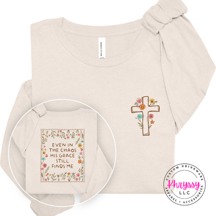 Soft natural tee with hand drawn floral cross faith design