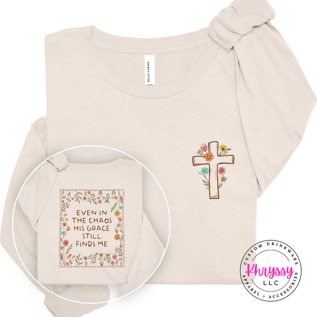 Soft natural tee with hand drawn floral cross faith design