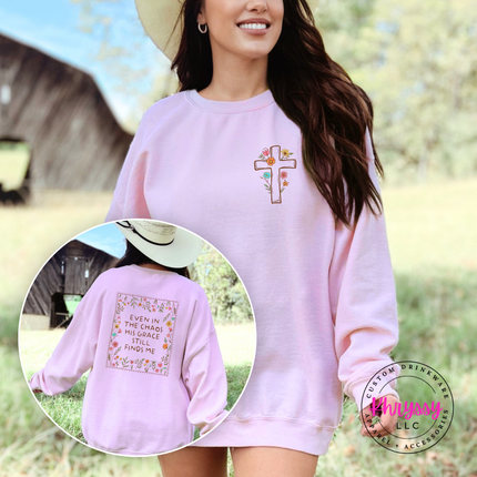 Light pink crew with a delicate floral cross on the left chest