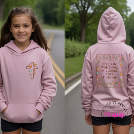 Faith pink hoodie reading His grace still finds me on the back