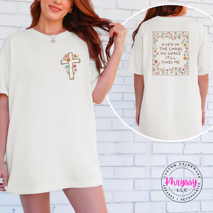 Ivory faith shirt with wildflower cross and grace scripture on back