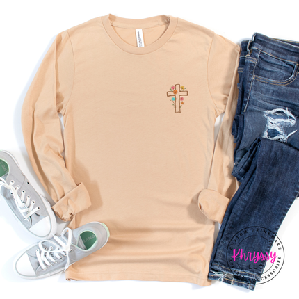 Light sand tee with a delicate floral cross on the left chest