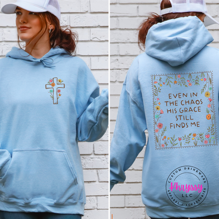 Light Blue faith shirt with wildflower cross and grace scripture on back