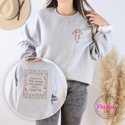sport grey faith shirt with wildflower cross and grace scripture on back