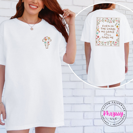 Soft white tee with hand drawn floral cross faith design