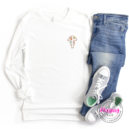 soft white tee with hand drawn floral cross faith design