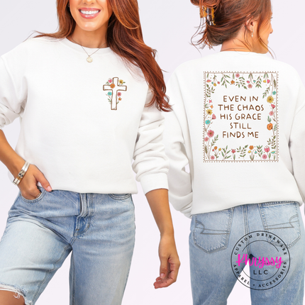 white crewneck sweat with hand drawn floral cross faith design