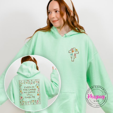 Mint hoodie with hand drawn floral cross faith design