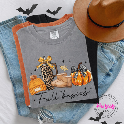 Gray tee with the Fall basics script lineup graphic