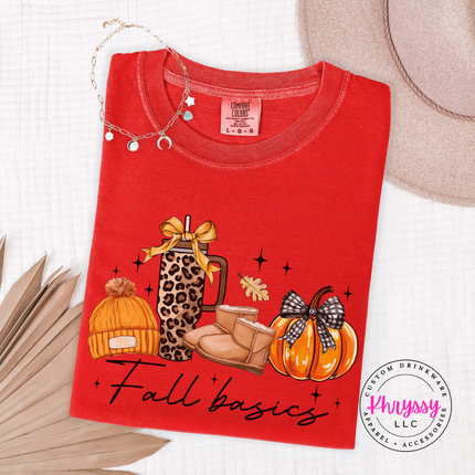 Red tee with the cozy fall basics script graphic