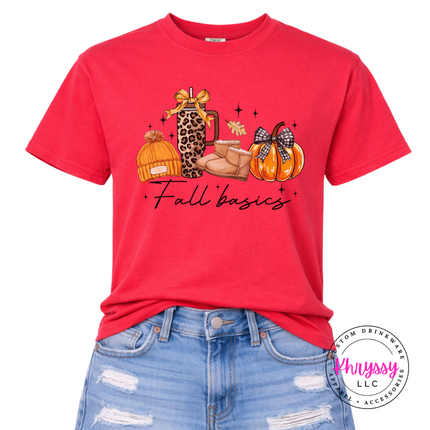 Red garment-dyed tee showing a leopard tumbler and pumpkin graphic.