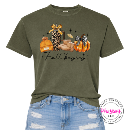 Sage tee with the Fall basics script lineup graphic