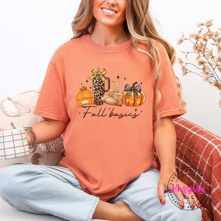 Terracotta pigment-dyed tee with a cute autumn lifestyle design.