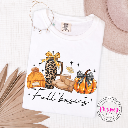 White tee with the fall basics leopard cup boots and pumpkin design