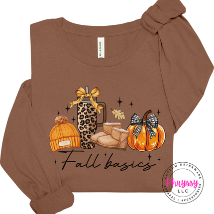 Woman wearing an Vintage brown Bella+Canvas long sleeve with a Fall Basics lifestyle graphic.