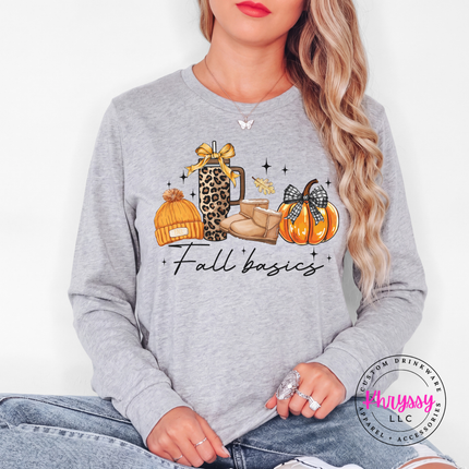 Athletic Heather long sleeve tee with the Fall basics script lineup graphic