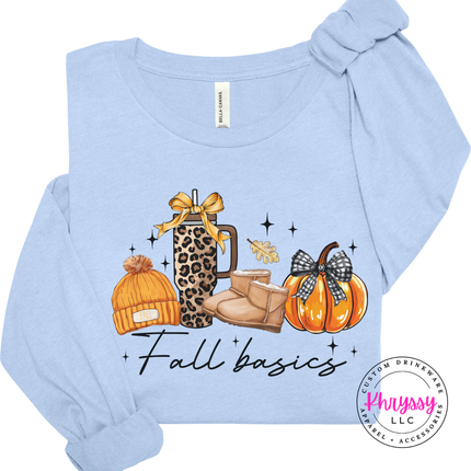 Baby Blue long sleeve tee with the fall basics leopard cup boots and pumpkin design