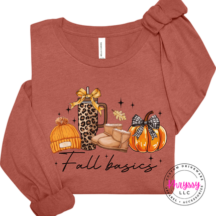 Heather clay long sleeve styled for fall with a Fall Basics print.