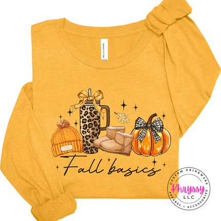Mustard lightweight cotton long sleeve showing a leopard tumbler and pumpkin graphic.