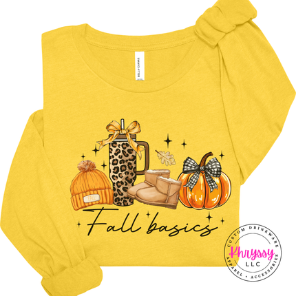 Heather Yellow Gold long sleeve tee with the fall basics plaid bow pumpkin print